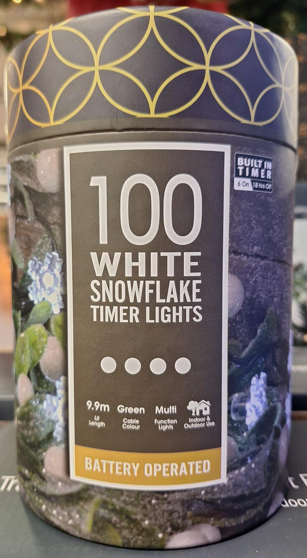 100 Battery Snowflake Lights with Timer White