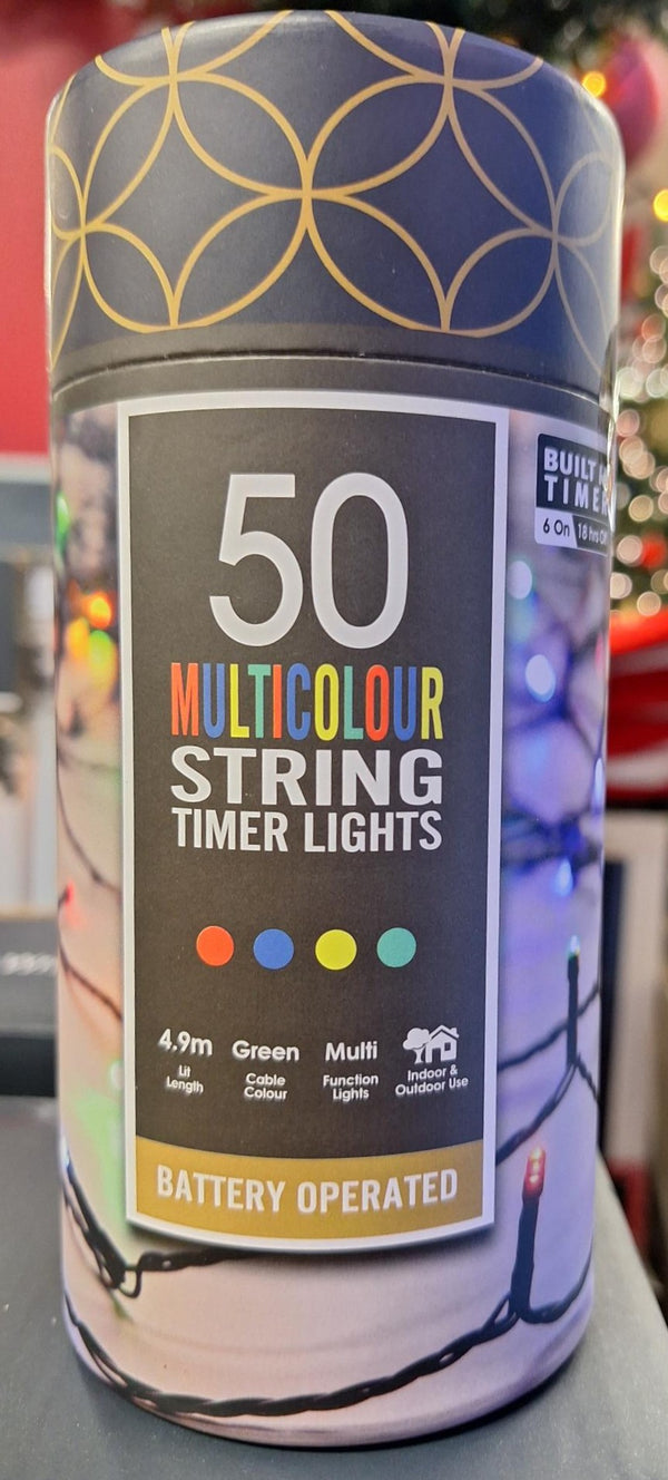 50 Battery Lights with Timer Multi-Coloured