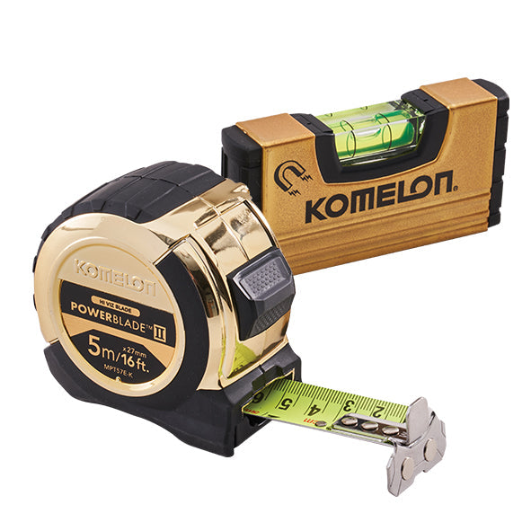 Komelon 5m (16ft) Gold PowerBlade Tape with FREE Mini Level