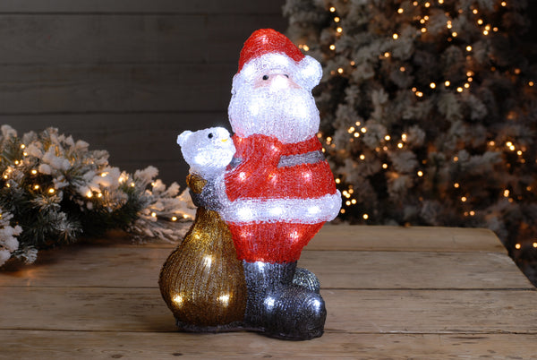 38cm Lit Acrylic Santa With Bird